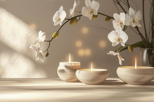 A serene scene of three lit candles under a beautiful white orchid with sun on the wall and table